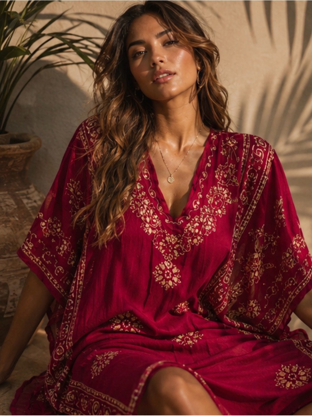 Tropical Red/Plum Poncho Style Tunic Dress w/ Embroidery & Gold Sequins